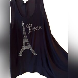 Pretty Woman black, rhinestone-embellished, Paris-themed, sleeveless top. Sz M